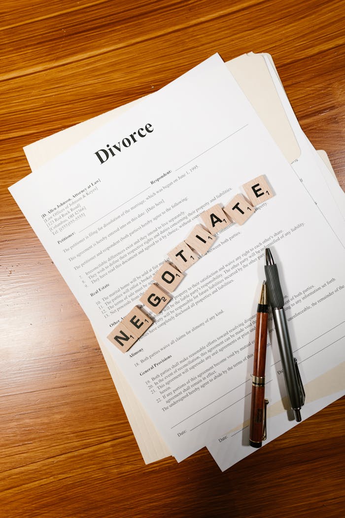 Divorce papers and 'negotiate' tiles symbolize mediation and legal discussions.